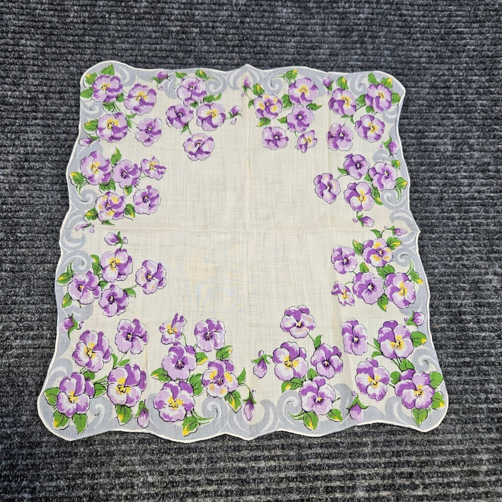 Vintage Purple Pansy Floral Handkerchief Scalloped Edge Cotton Hanky 12.5 Inch